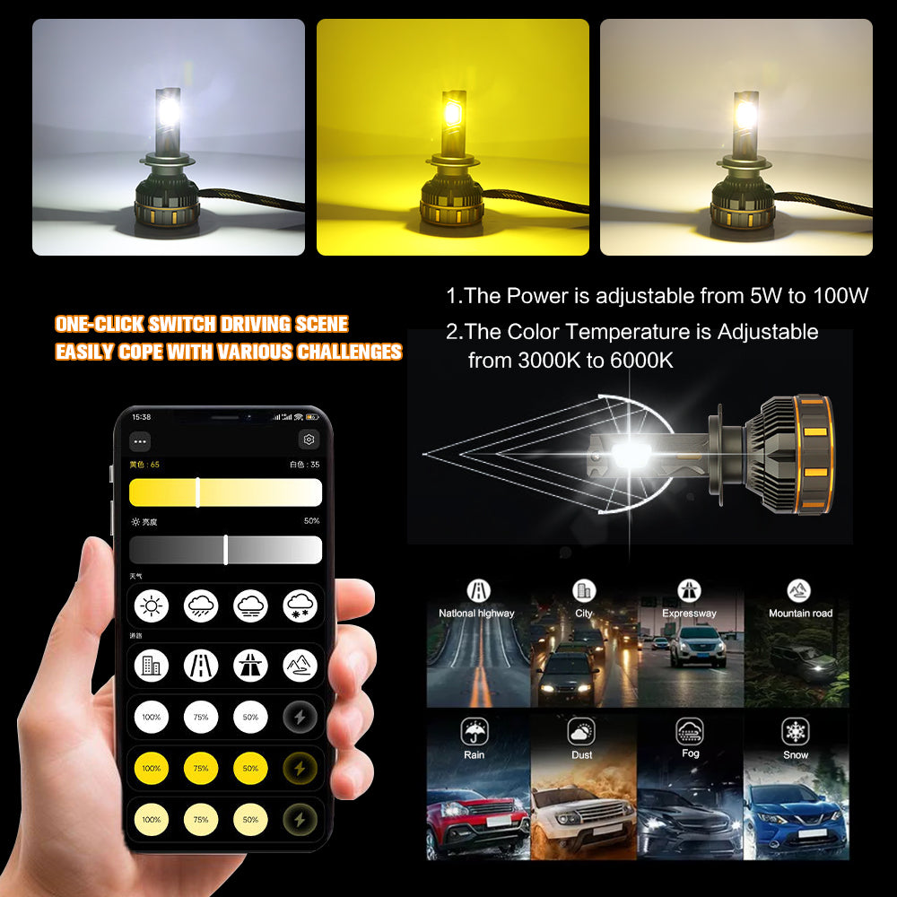 Luces LED V7 MAX Smart App 3 Colores 100W 20,000LM – H1, H4, H7, H11, 9005 y 9006